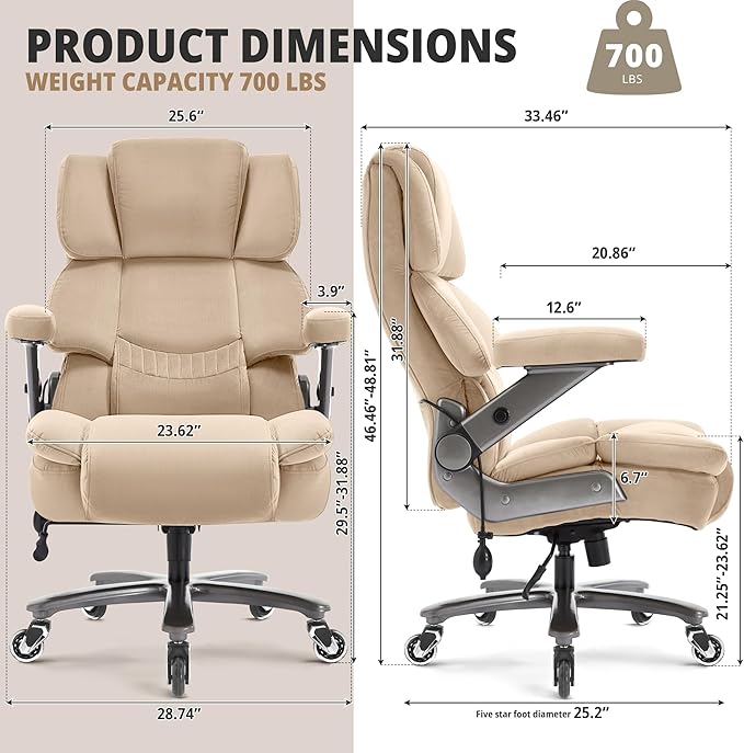 Big and Tall Office Chair 700lbs- Fabric High Back Executive Computer Chair with Adjustable Lumbar Support 3D Flip Arms Plus Size Rubber Wheels- Extra Wide Large Desk Chairs, Heavy Duty Metal Base