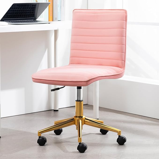 Furniliving Armless Vanity Chair with Wheels, Computer Rolling Desk Chair with Back, Pink Office Chair with Height Adjustable Soft Velvet Fabic Gold Metal Base Stool,Pink