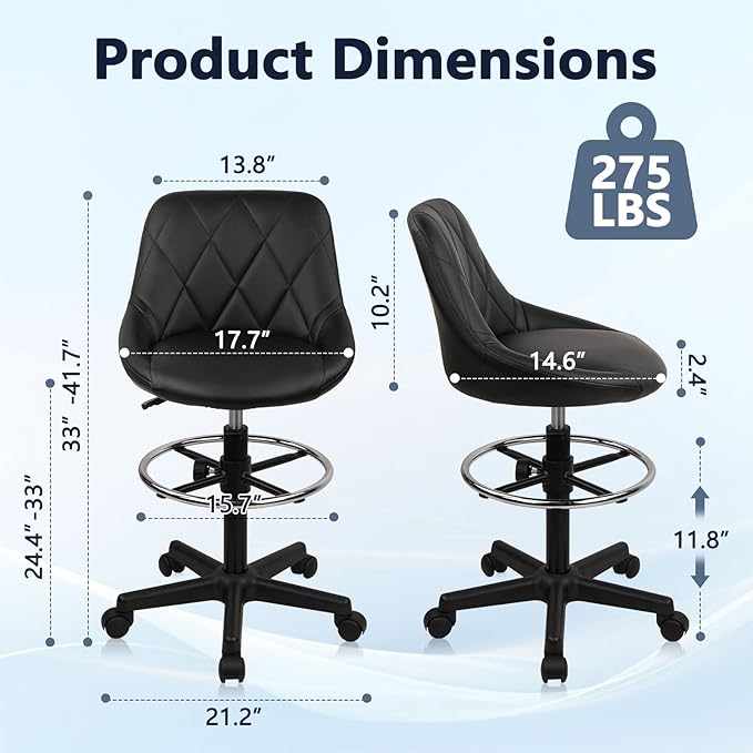 Drafting Chair with Backrest and Wheels, Adjustable Footrest Height Rolling Stool, PU Leather Tall Swivel Chairs Work Shop Office Desk Stools for Kitchen Home Bar, Black, 1 Pack