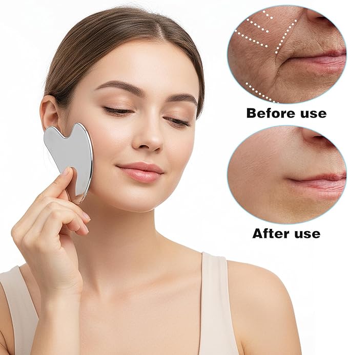Ouligay 2PCS Stainless Steel Gua Sha Tool Facial Sculpting Tool Metal Face Massager Lymphatic Drainage Facial Massage Tool for Jawline Sculpting, Face Massager, Puffiness Reducing, Skin-Care Gift