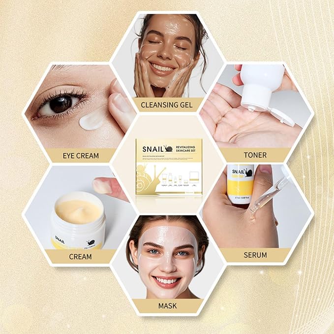 Korean Snail Essence Skin Care Set, 6-Piece Skincare Set with Gentle Cleansing Gel, Mask, Toner, Eye Cream, Serum, Essence Cream, Long-Lasting Moisturizing Minimize Wrinkles & Pores Smooth Fine Lines