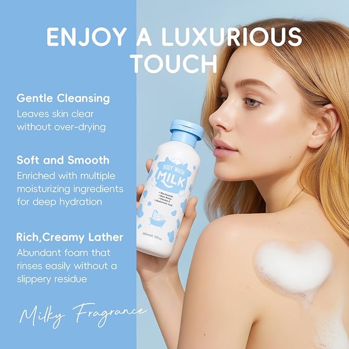 Milk Skincare Set 5-in-1 for Kids & Teens Girls 8-12, Gentle Milk Extract Bathing Cleaning Kit with Body Wash, Shampoo, Hair Conditioner, Body Lotion, Makeup Bag(Set B)