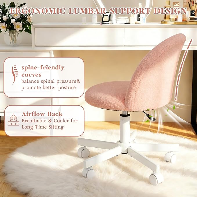WAYTRIM Pink Vanity Chair with Wheels - Swivel Makeup Chair Small Computer Chair with Back Adjustable Height Desk Chair for Girl & Woman, Cozy Fuzzy Velvet Chair for Bedroom & Home Office