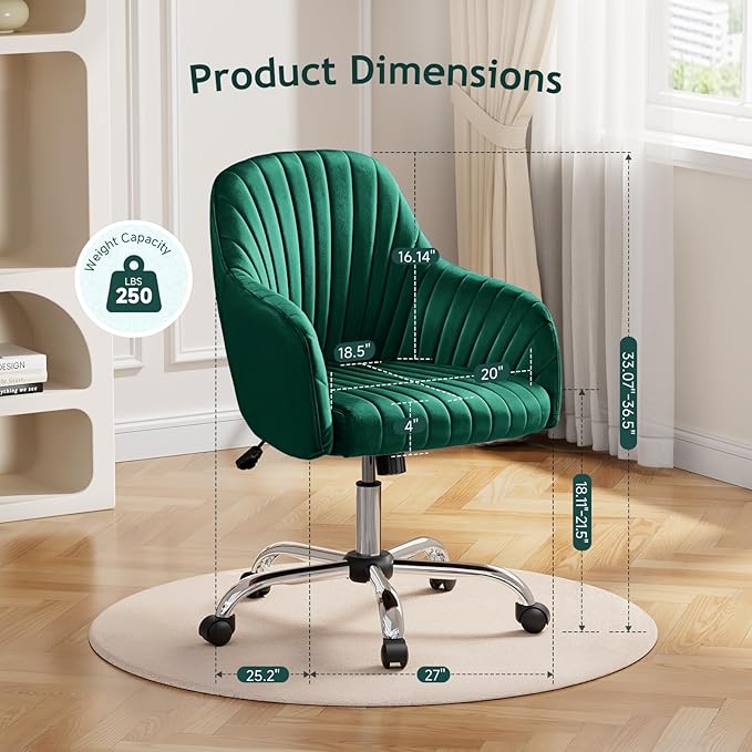 Warmiehomy Desk Chair, Velvet Office Chair for Home Office, Comfy Vanity Chair, Girl Cute Makeup Chair with Arm Rest for Bedroom Dressing Room, Green