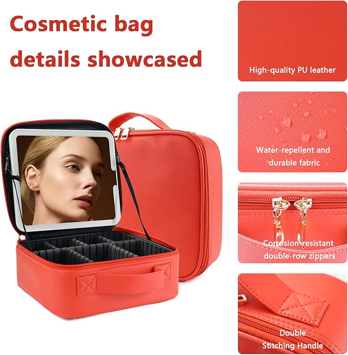 Makeup Bag with Led Mirror,Large Vanity Makeup Cases with 3 Color Setting,Portable Storage and Adjustable Dividers,for Women and Makeup Artists Cosmetic Organizer Travel Makeup Bag-Red