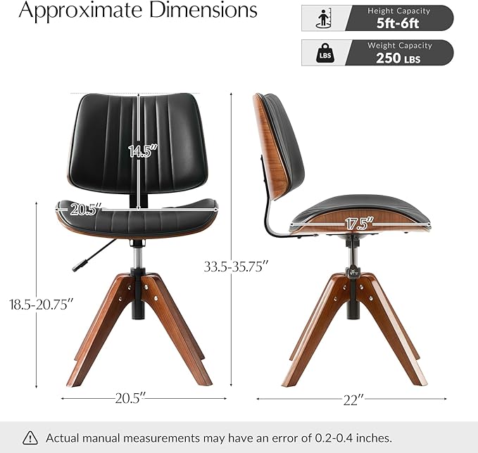 HULALA HOME Faux Leather Home Office Chair with Solid Wood Legs, 360° Swivel Desk Chair No Wheels with Bentwood Design, Mid-Century Modern Wide Seat Computer Task Chair, Black