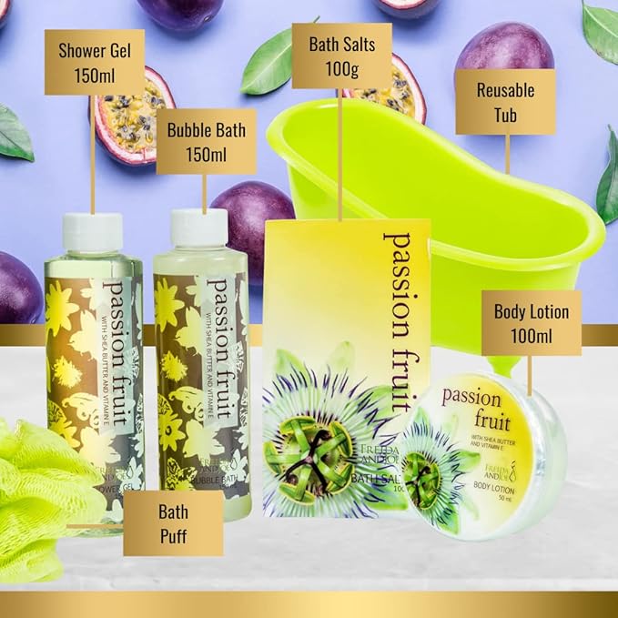 Home Spa Bath Basket Passion Fruit Fragrance Bath & Body Set For Women Contains Shower Gel, Bubble Bath, Body Lotion, Bath Salt in Green Tub Gift – Mother's Day Gift for Mom