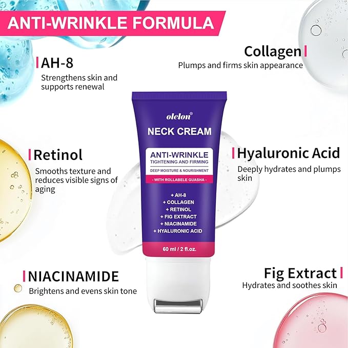 Neck Firming Cream with Roller, Neck Cream for Tightening and Firming with Retinol, Collagen & Niacinamide to Reduce Wrinkles, Tighten Sagging Skin & Lift Jawline