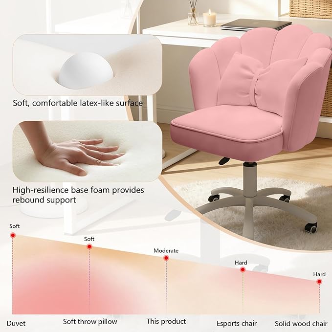 Home Office Desk Chair Swivel Rolling Vanity Chair with Silent Wheels and Comfortable Back, Adjustable Height Upholstered Computer Task Chair for Makeup, Bedroom