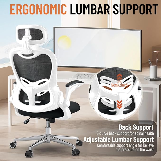 Office Chair, Ergonomic Breathable Mesh Chair,Flip-Up Arms and Adjustable High Back Lumbar Support,Comfy Computer Chair for Home Office (Black/White, 407)