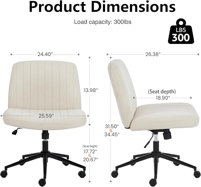 Sweetcrispy Criss Cross Chair Legged with Wheel, Armless Office Swivel Desk Chair with Wheel, Vanity Height Adjustable Wide Seat Comfy Cute Computer Task Seating for Home Bedroom