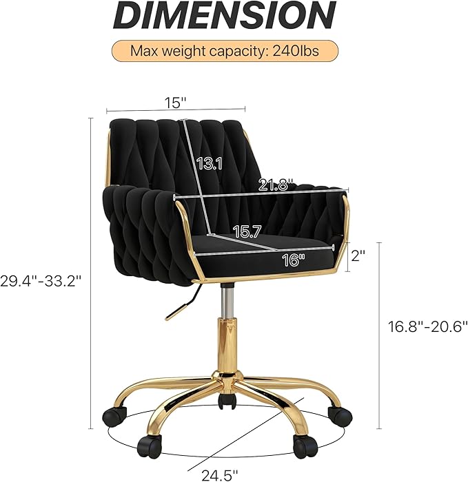 Velvet Modern Home Office Vanity Chair, 360° Swivel Adjustable Height Makeup Desk Chair with Golden Base and Hand Woven Backrest for Bedroom/Study/Vanity (Black)