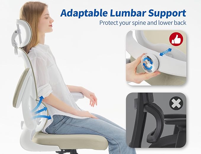 TRALT Ergonomic Office Chair - Desk Chair with Adjustable Headrest Lumbar Support Computer Chair - Mesh Comfy Chair with Flip-up Armrests - Gaming Chairs for Adults Home Office (Leather, Beige)