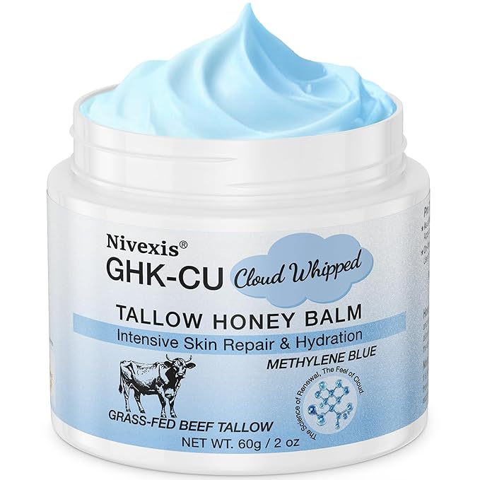 Copper Peptides GHK-Cu Whipped Beef Tallow for Skin, Grass Fed Beef Tallow and Honey Balm for Face & Body, with Methylene Blue Anti-Aging Moisturizer, Suitable for All Skin Types, 2 Oz