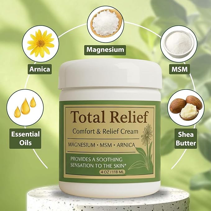 Total Relief Magnesium Cream for Comfort – Fast-Absorbing MSM & Arnica Cream for Healthy, Comfortable Nerves and Daily Comfort – 4 Fl Oz (Pack of 6)