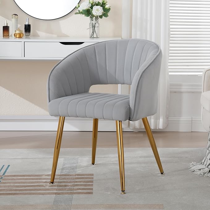 Westice Velvet Home Office Desk Chair Set of 1, Modern Tufted Vanity Chairs with Gold Metal Legs, Upholstered Accent Armchair for Living Room Restaurant, Light Grey