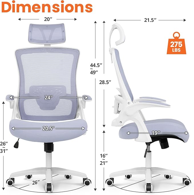 NEO Chair Ergonomic Office Desk Chair High Back Computer Gaming Mesh Chair with Comfy Task Adjustable Arms Lumbar Support Headrest Swivel for Home Office (Purple)