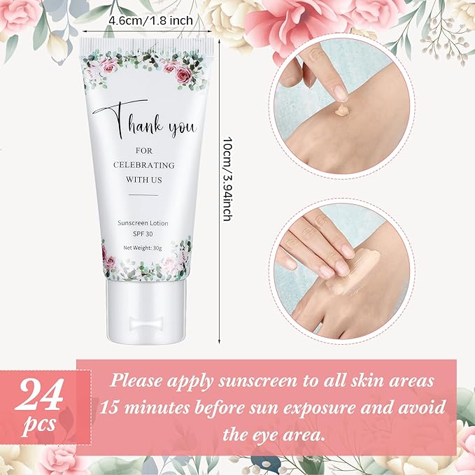 24 Pcs Mini Sunscreen Bulk for Summer Wedding Party Spf 30 Water Resistant Sunscreen Lotion Bulk 1oz Travel Size for Thank You Gifts Wedding Party Supplies(Skin Color Cream,Floral)