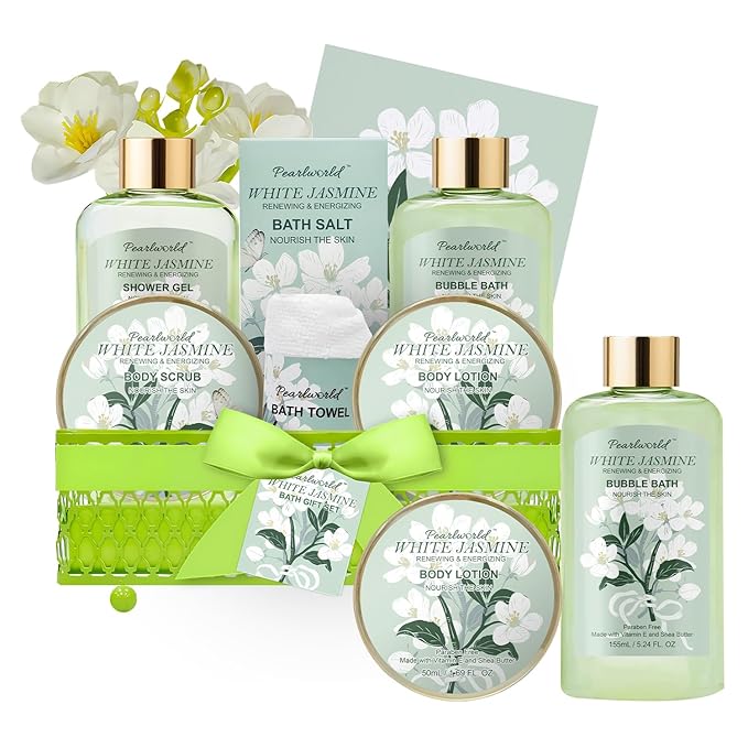 Bath Gift Baskets for Women, 9pc Jasmine Spa Gifts Set for Women, Self Care & Body Relaxing, Birthday Gift Basket, Mother's Day Gifts, Christmas, Anniversary Bath Gift Set