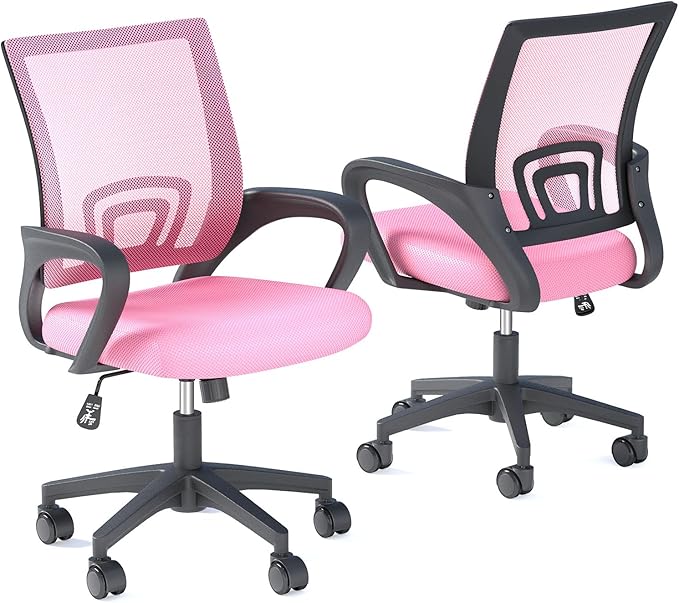 Home Office Chairs, Ergonomic Mid-Back Mesh Desk Chairs with Lumbar Support, Adjustable Swivel Rolling Design, Comfy Armrest for Work, Study, Gaming, Vanity, Pink, 2 Pack