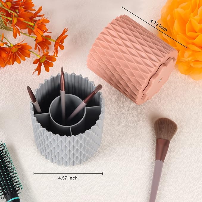 Makeup Brush Holder Organizer - 360° Rotating, 5-Slot Brush Cup for Cosmetics, Lipsticks, Pens | Vanity & Desk Organizer (Grey)