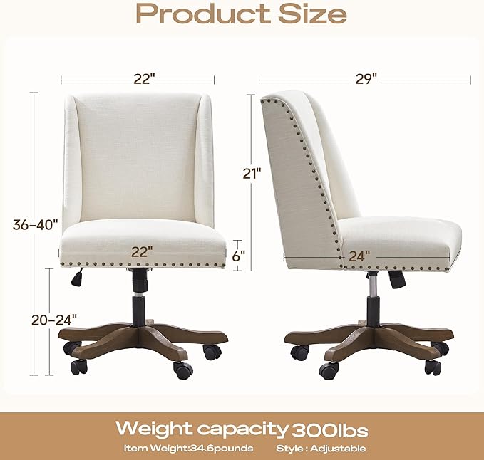 Armless Upholstered Office Chair with Wooden Legs, Modern Criss Cross Adjustable Home Office Desk Chair No Arms Sewing Chair Swivel Chair for Women Farmhouse Study Studio (Beige)