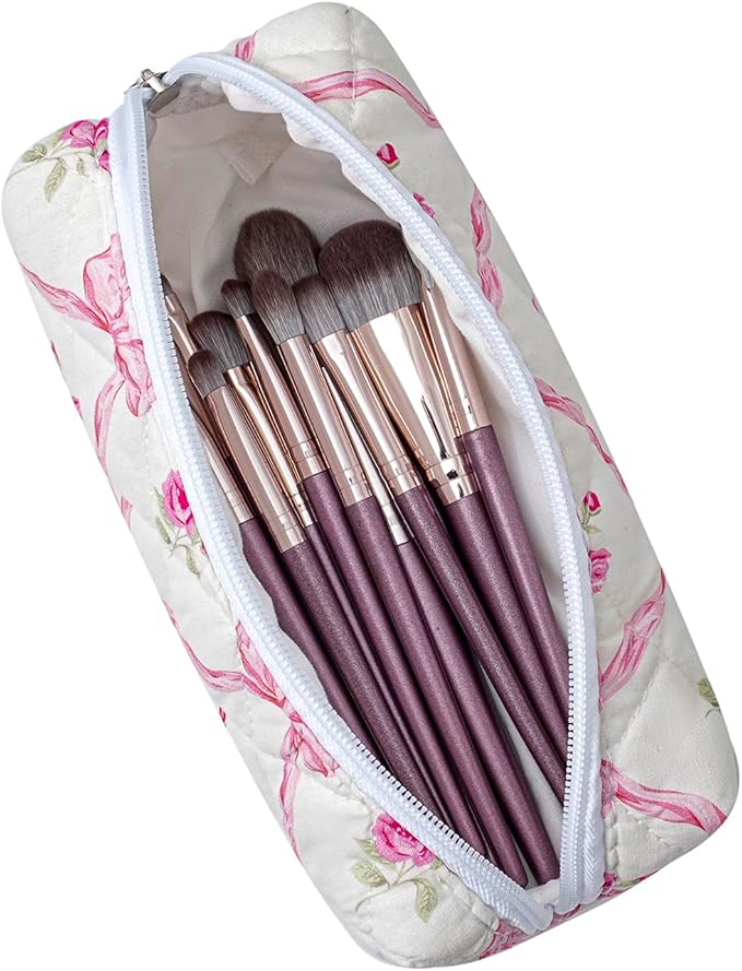 Cute Floral Cotton Makeup Brush Cosmetic Bag for Women, Travel Quilted Zipper Make Up Bag, Flowers Toiletry Organizer Case Kawaii Makeup Cosmetic Travel Cloth Pouch (Pink+Pink Bowknot)