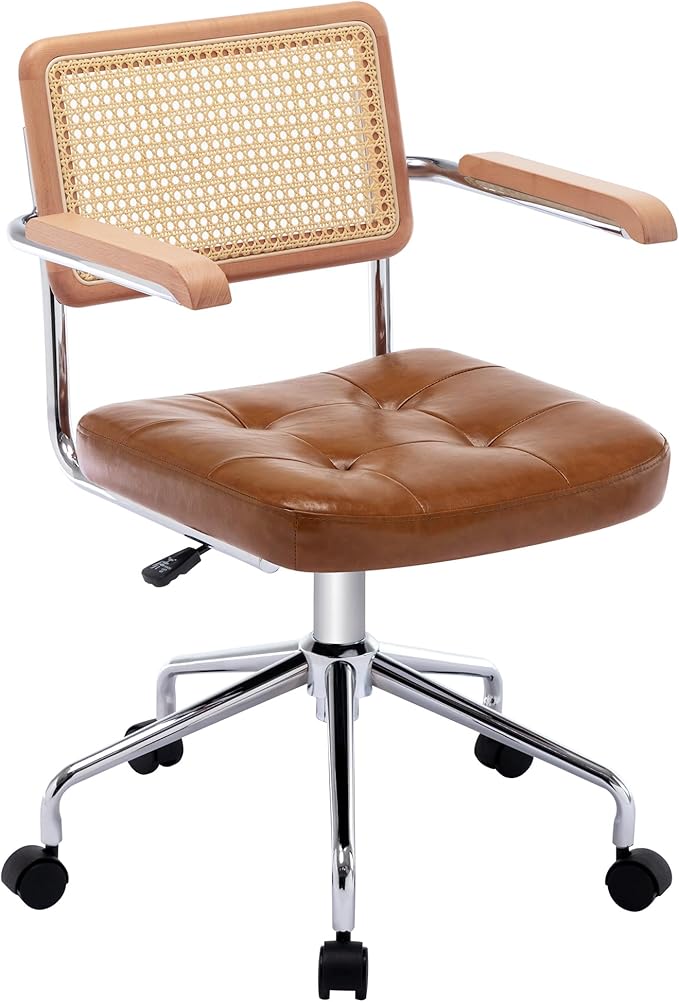 Zesthouse Leather Office Desk Chair with Wheels, Mid Century Rolling Desk Chair with Wood Arm & Natural Rattan Back, Modern Swivel Home Office Chair, Small Height Adjustable Computer Task Chair, Brown