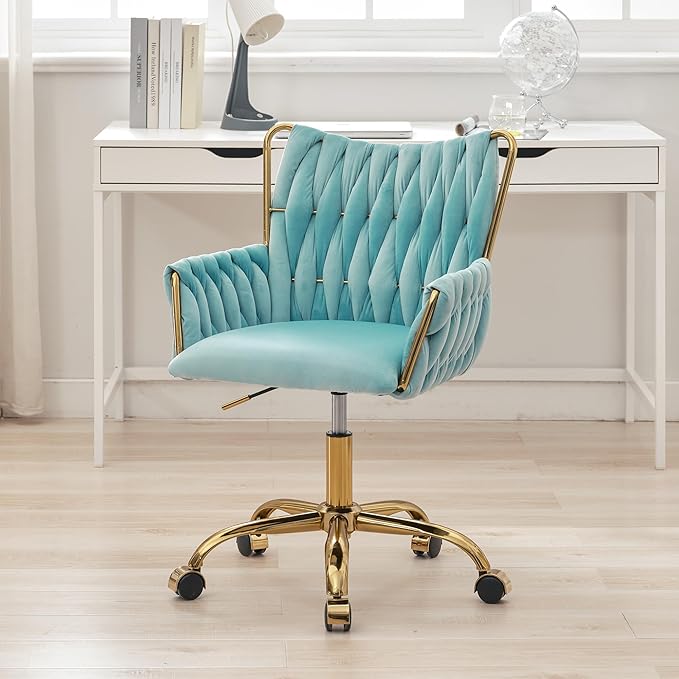 ABET Velvet Desk Chair with Wheels, Cute Upholstered Swivel Office Chair, Modern Gold Rolling Hand Woven Height Adjustable Armchair for Women Girls Home Makeup, Vanity, Nail Salon, Light Blue