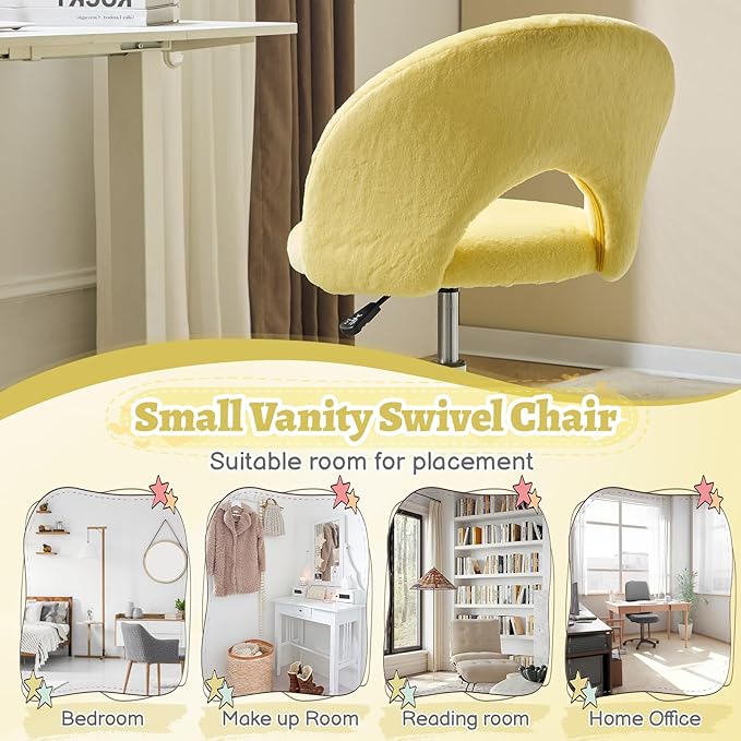 VINGLI Small Vanity Chair with Faux Fur Wheels for Girls,Cute Adjustable Height Armless Office Desk Chair,360°Swivel Comfy Rolling for Study,Make up Room,Small Space,Yellow