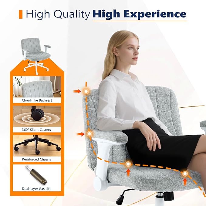 VINGLI Criss Cross Chair with Adjustable Flip-Up Arms,Cross Legged Chair with Wheels, Extra Wide Office Chair,Cozy Desk Chair for Home Office, Vanity, Apartment,Chenille Velvet,Light Blue-Green