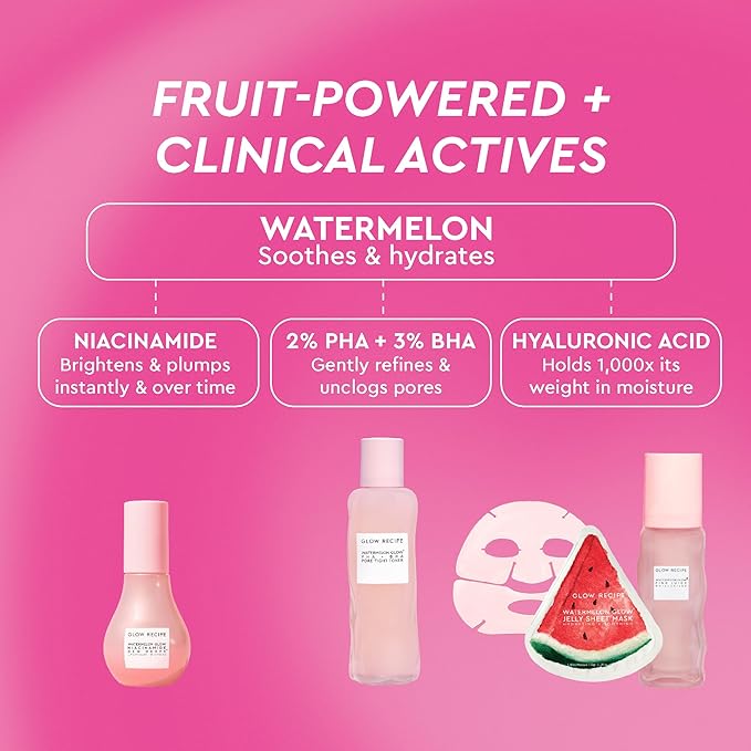 Glow Recipe Watermelon Glow Dewy Skin Routine Kit - Full Size Dew Drops Serum, Full Size Pink Juice Moisturizer, Travel Size PHA+BHA Pore-Tight Toner & Watermelon Jelly Sheet Mask (4 Count)