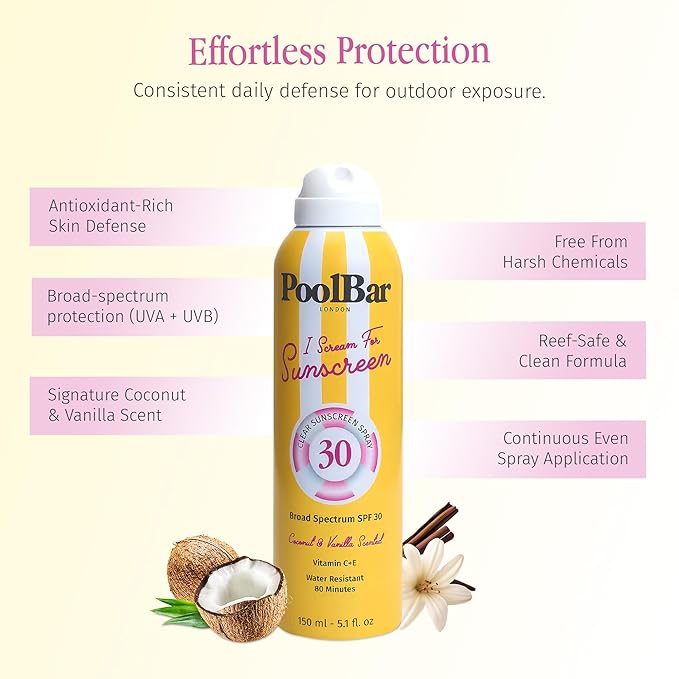 PoolBar SPF 30 Clear Sunscreen Spray – Broad Spectrum UVA/UVB Sun Protection Spray, Lightweight Non-Greasy Formula with Vitamins C and E – Reef Safe, Vegan, Cruelty-Free, Coconut Vanilla Scent