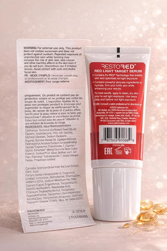 Restored Target Serum Red Light Therapy 1 oz Hydrating Anti-Aging Serum with Hyaluronic Acid, Vitamin C, Peptides for Face & Body