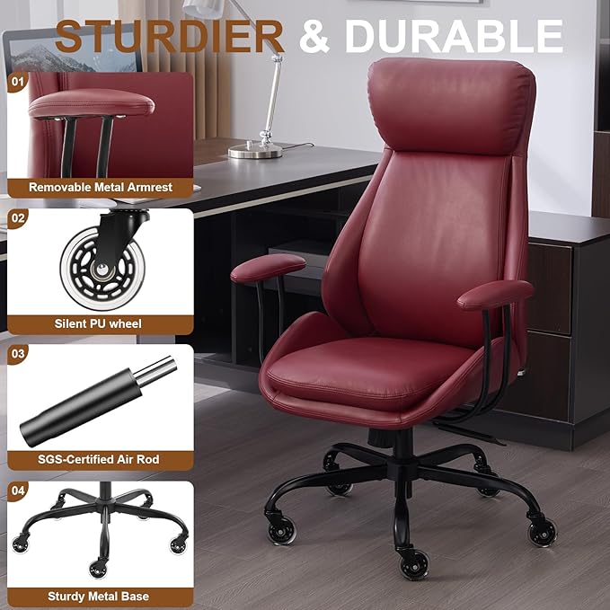 Office Chair, Leather Desk Chair with Rubber Wheels, Ergonomic Computer Chair 500 LBS with Lumbar Support, High Back Executive Chair for Modern Home Office, Red