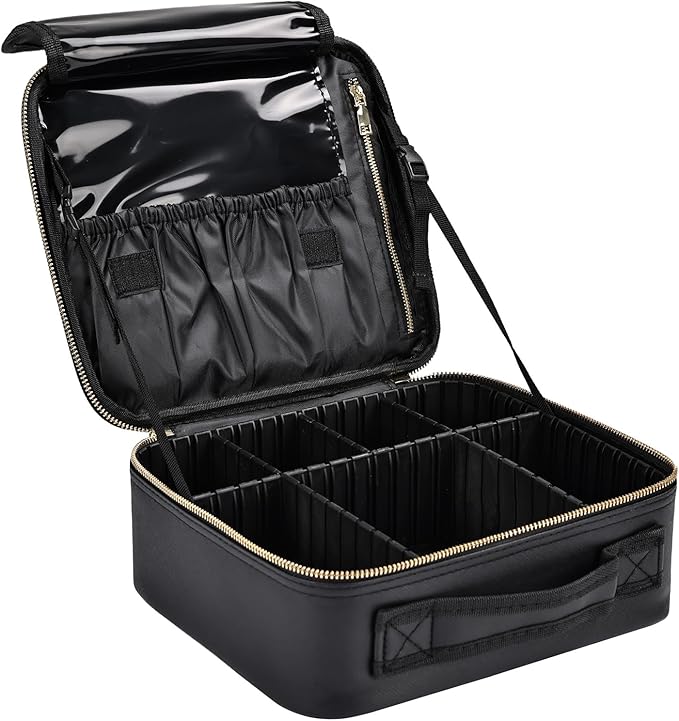 Travel Makeup Bag with Brush Holder, Professional Cosmetic Train Case Organizer for Women, Portable Travel Makeup Brush Carry Case Cosmetic Artist Storage Box with Adjustable Dividers, Leather Black