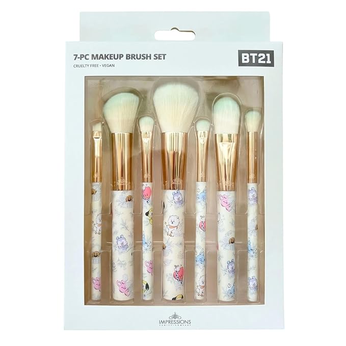 Impressions Vanity with BT21 7 PC Makeup Brush Set with Super Soft Synthetic Bristles, Aluminum Ferrule BT21 Natural Garden Design Plastic Handle Makeup Brushes for Foundation, Face Powder