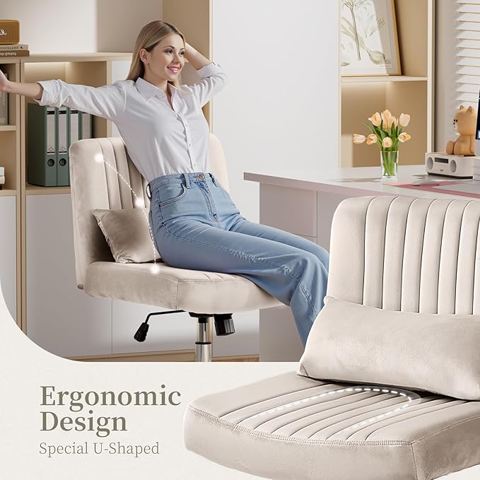 Velvet Office Chair, Luxury Criss Cross Chair with Wheels, Comfy Cross Legged Desk Chair for Home Office, Height Adjustable Vanity Chair, Wide Seat Computer Chair, Gift for Girlfriend, Beige