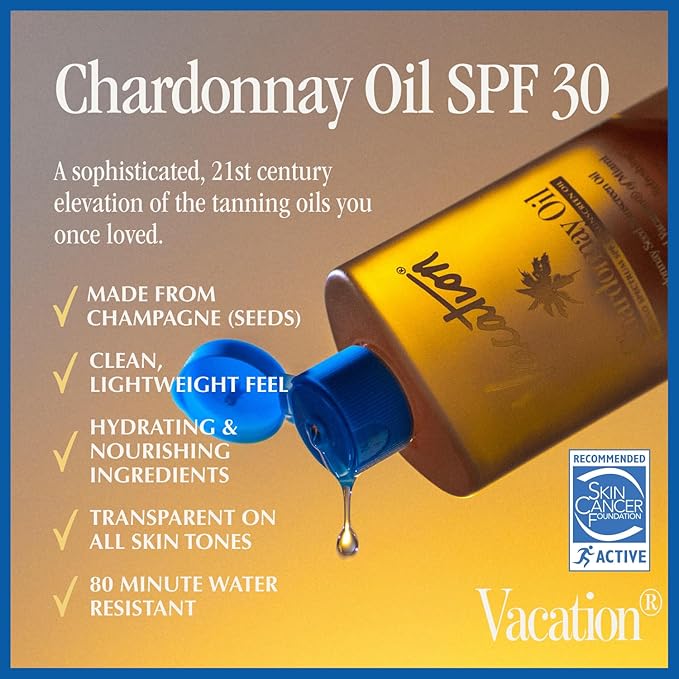Vacation Chardonnay Oil SPF 30 & Air Freshener Bundle, Hydrating & Nourishing, Lightweight, Transparent on All Skin Tones, Water-Resistant, Travel Size Sunscreen, 3.4 Fl. Oz.