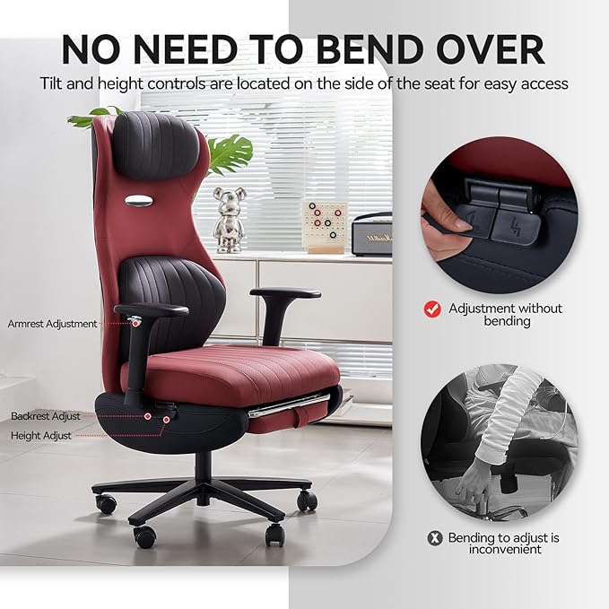 EMIAH Ergonomic Office Chair with Foot Rest Reclining Office Chair with Adjustable Arms and Headrest High Back Gaming Chair with Lumbar Support, PU Leather(Red)