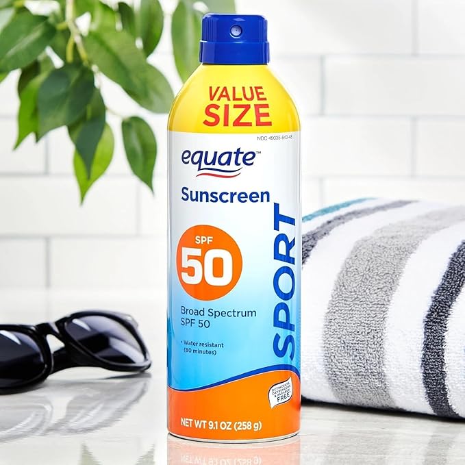 Equate Sunscreen SPF 50- Value size Sport Broad Spectrum Spray, 9.1 oz (pack of 1), Set By Basket Goods