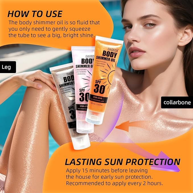 DAGEDA Body Glow Oil, SPF 30 Broad Spectrum Glitter Sunscreen, Lightweight, Non-sticky Sunscreen Body Shimmer, Sun Protection with Centella Asiatica Extract, UVA/UVB Protection, Gold 3.4 fl.oz