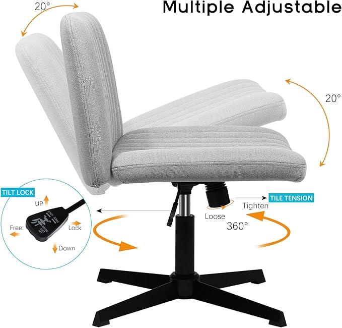 PUKAMI Criss Cross Chair,Comfy Cross Legged Office Desk Chair No Wheels,Modern Fabric Swivel Adjustable Height Mid Back Wide Seat for Home Office Computer (Grey)