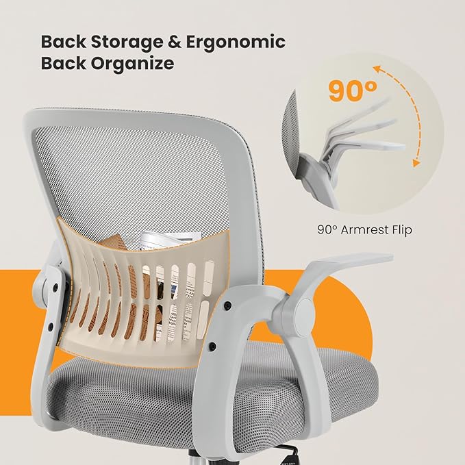 NEWBULIG Office Chair - Ergonomic Desk Chair with Lumbar Support, Mesh Computer Executive Rolling Chairs, Swivel Task Chairs with Wheels, Comfy Flip-up Arms for Bedroom, Study, Student Gray