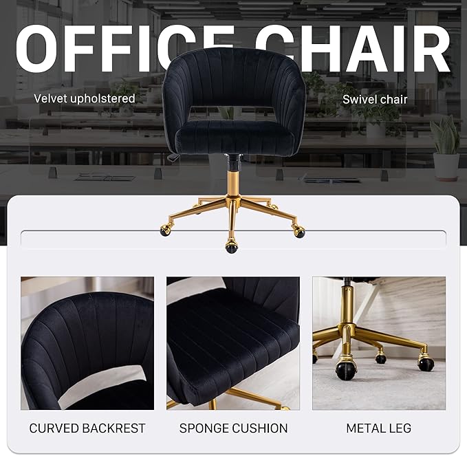 Home Office Chair Swivel Velvet Desk Chair Accent Armchair Upholstered Modern Tufted Chairs with Gold Base for Girls Women Ergonomic Study Seat Computer Task Stools for Living Room(Black)