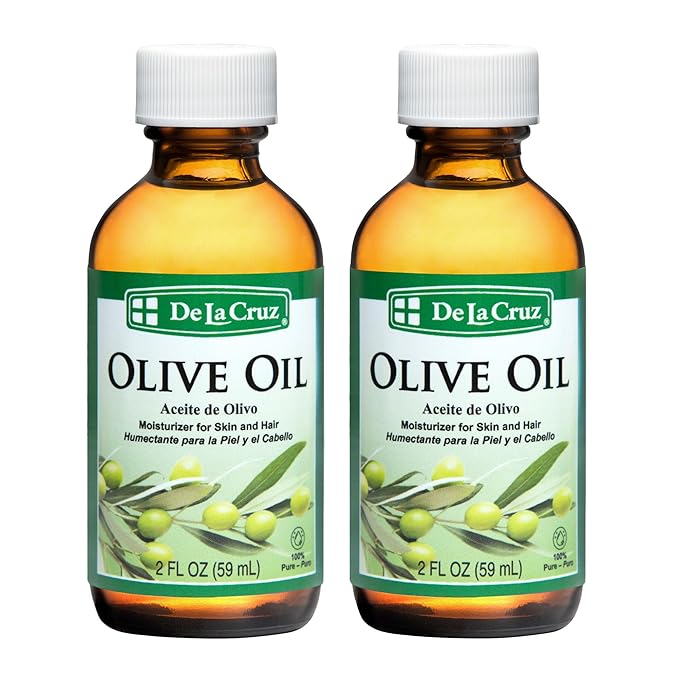 De La Cruz 100% Pure Olive Oil Expeller Pressed for Hair and Skin Lightweight Hair Oil and Moisturizer for Dry Skin and Beauty 2 Fl Oz (2 Bottles)