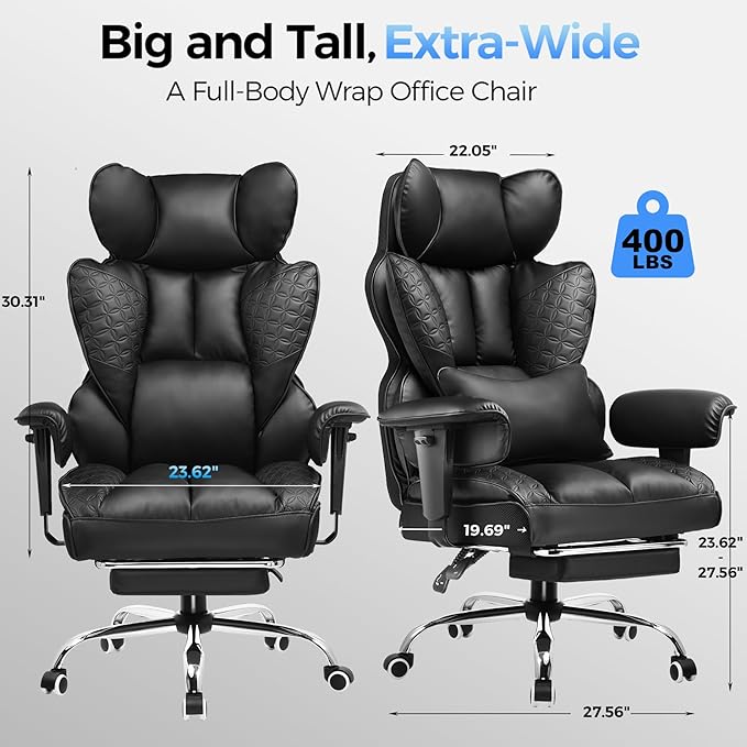 COMHOMA Big and Tall Office Chair Heavy Duty Gaming Chair with Deluxe Embossing Leather High Back Wider Ergonomic Computer Chair with Foot Rest 150°Reclining Pocket Spring Lumbar Support