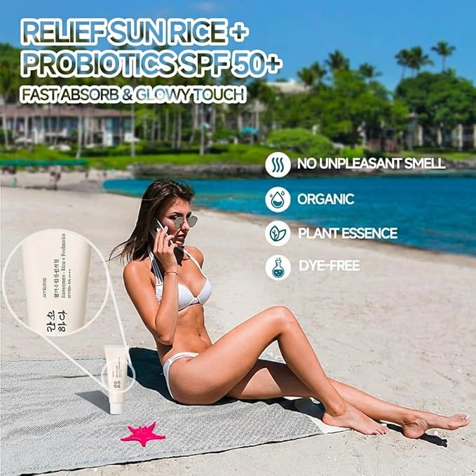 Relief Sun Organic Sunscreen SPF50, Relief Sun Rice Probiotics SPF50+, Korean Sunscreen PA++++ for All Skin Types and UV Defense, Nourishing Skin Protection, Moisturizing Skin Care 1.7 fl oz/50 ml