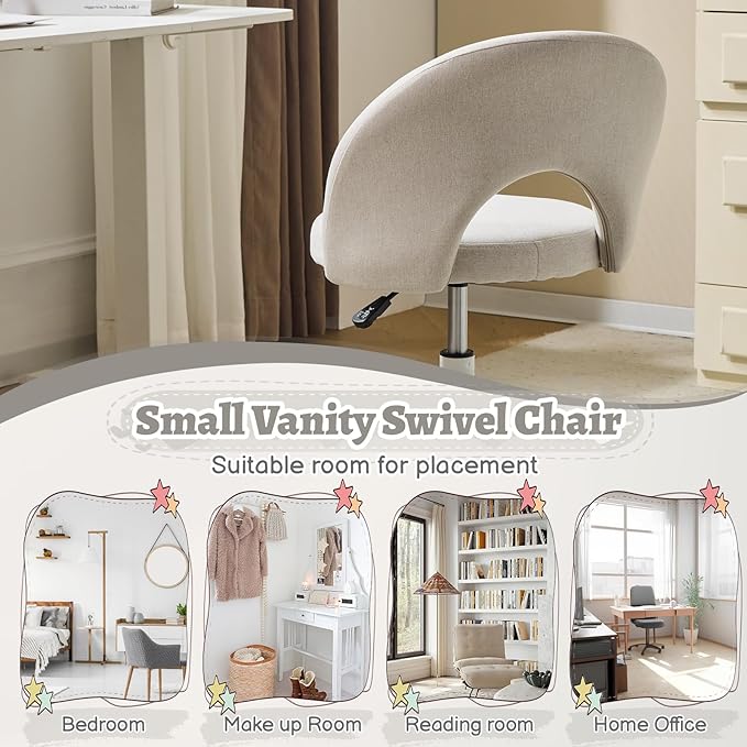 VINGLI Small Vanity Chair with Wheels for Girls.Cute Modern Adjustable Height Armless Office Desk Chair.360°Swivel Comfy Rolling Chair for Study, Make up Room,Small Space,Linen Light Gray
