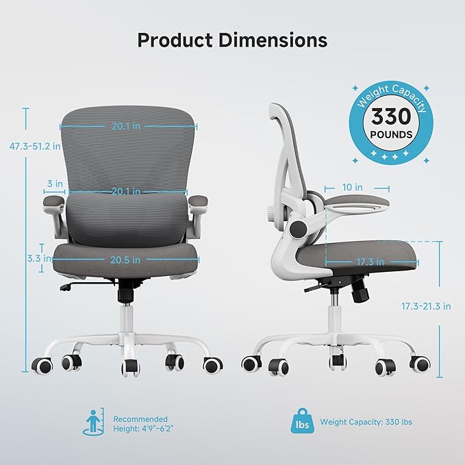 Mesh Office Chair, 330LBS Ergonomic Comfy Desk Chair with Adjustable Lumbar Support, Executive Computer Chairs for Home Office, White